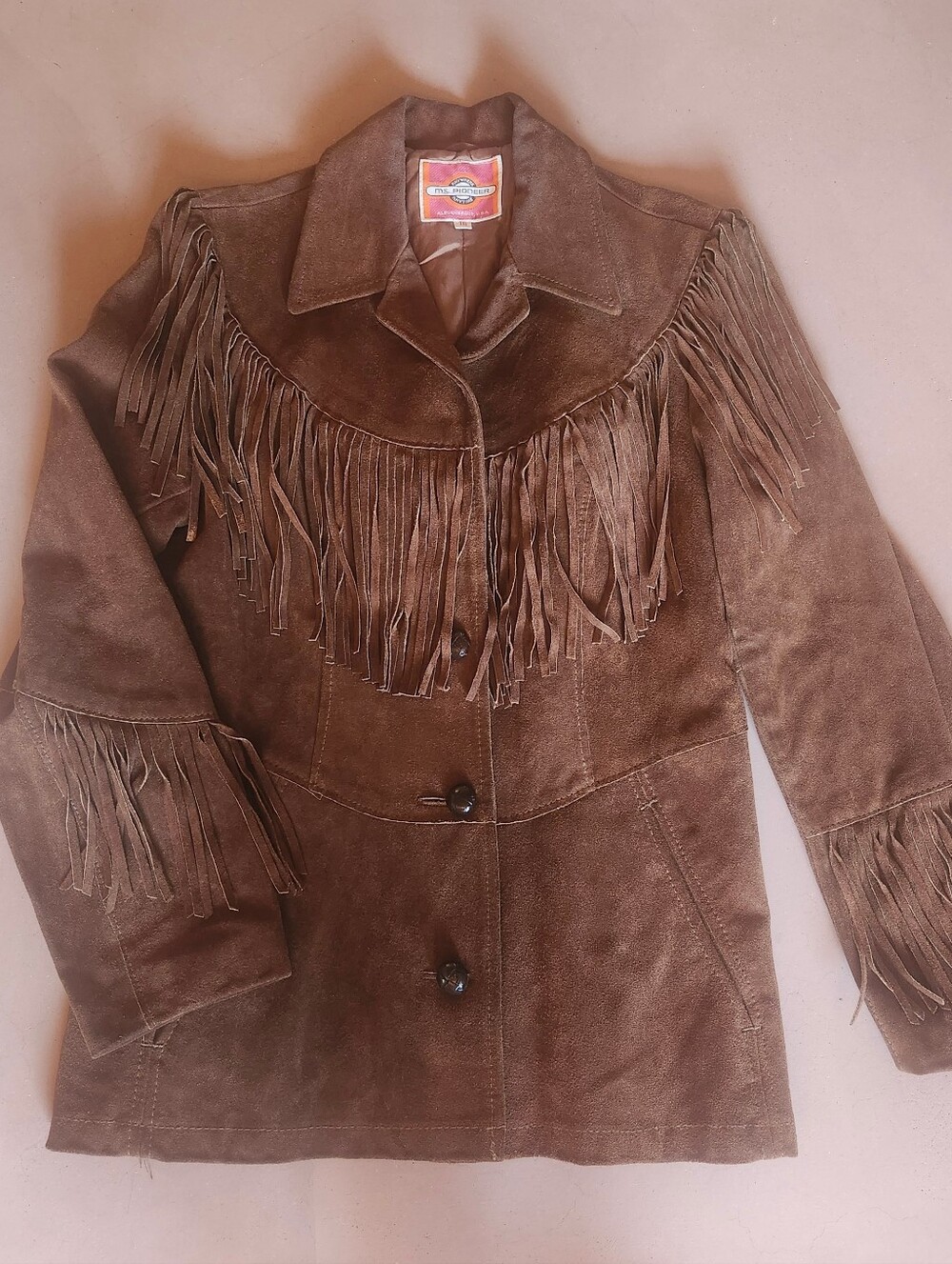Vintage 70s Ms. Pioneer Pioneer Wear Suede Leather Fringe Jacket Coat Sz 16
